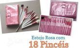 Pincel Rosa Para Maquiagem Kit Com 18 Peças